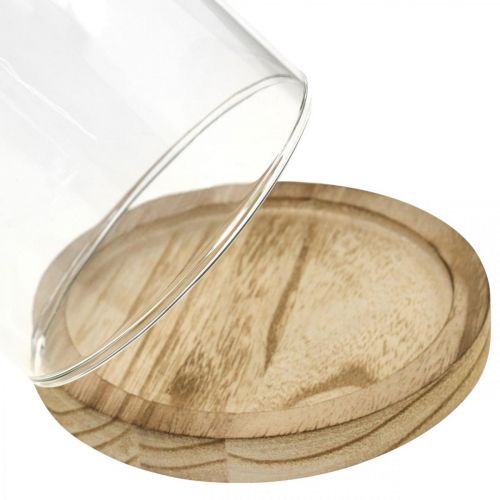 Artikel Decoratieve bel, glazen koepel met houten plaat, tafeldecoratie H16cm Ø12,5cm