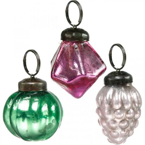 Floristik24 Glazen bol mix, diamant/bol/kegel van echt glas, antiek look Ø3–3,5 cm H4,5–5,5 cm 9 stuks