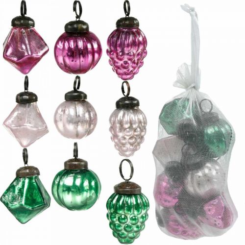 Floristik24 Glazen bol mix, diamant/bol/kegel van echt glas, antiek look Ø3–3,5 cm H4,5–5,5 cm 9 stuks