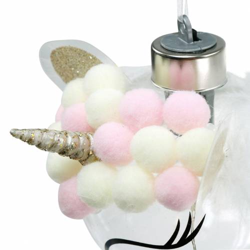 Floristik24 Kerstbal eenhoorn met LED lichtketting snoepkleuren, transparant glas, pompon Ø8cm Voor batterijen