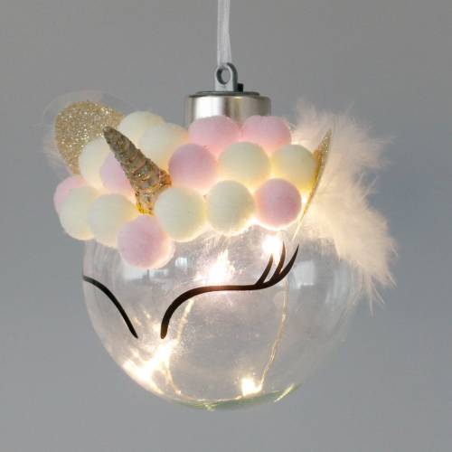 Artikel Kerstbal eenhoorn met LED lichtketting snoepkleuren, transparant glas, pompon Ø8cm Voor batterijen