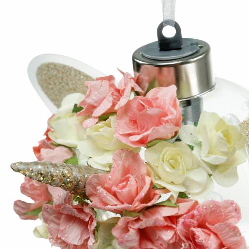 Floristik24 Kerstbal eenhoorn met LED lichtketting en bloemen geel, rood, transparant glas, papieren roosjes Ø8cm Voor batterijen