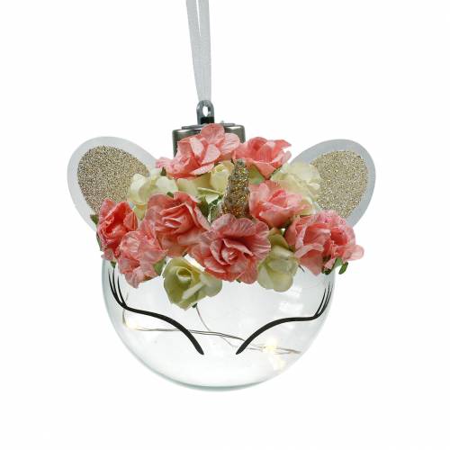 Floristik24 Kerstbal eenhoorn met LED lichtketting en bloemen geel, rood, transparant glas, papieren roosjes Ø8cm Voor batterijen