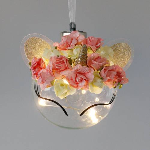 Floristik24 Kerstbal eenhoorn met LED lichtketting en bloemen geel, rood, transparant glas, papieren roosjes Ø8cm Voor batterijen