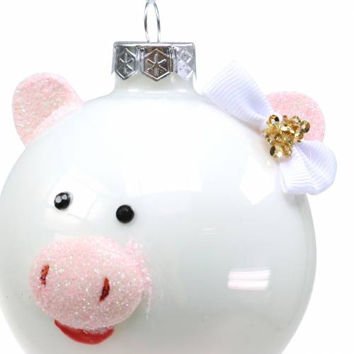 Floristik24 Kerstboomdecoratie glazen bol varken roze/wit Ø8cm 2st