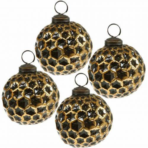 Kerstbal honingraatpatroon bruin, goud Ø7,5cm 4st