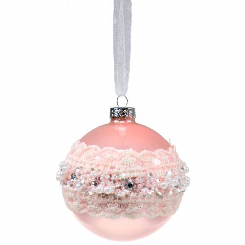 Floristik24 Glazen bol roze met kant en parels 3st