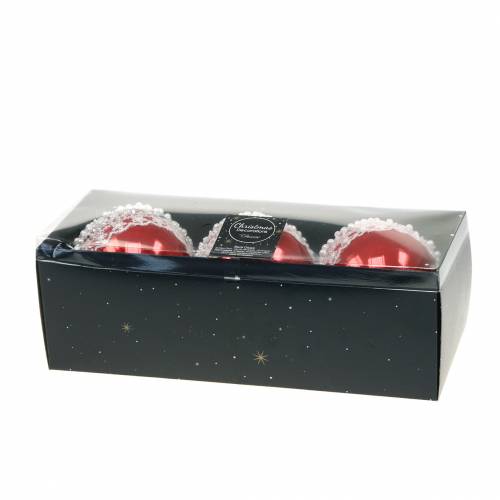 Floristik24 Glazen bol rood met kant en parels 3st