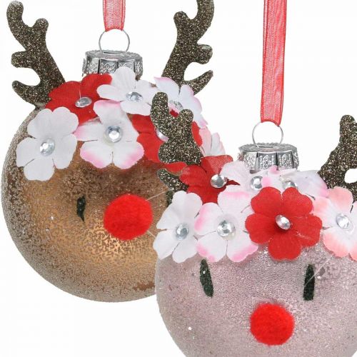 Floristik24 Kerstboombal, rendier met bloemenkrans, adventsdecoratie, boomdecoratie bruin, roze echt glas Ø8cm 2st