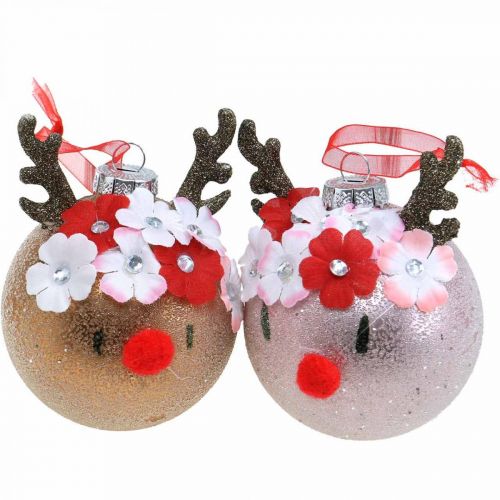Floristik24 Kerstboombal, rendier met bloemenkrans, adventsdecoratie, boomdecoratie bruin, roze echt glas Ø8cm 2st