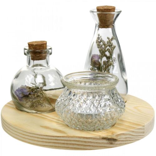 Floristik24 Vaas op houten blad, tafeldecoratie met droogbloemen, lantaarn naturel, transparant Ø18cm