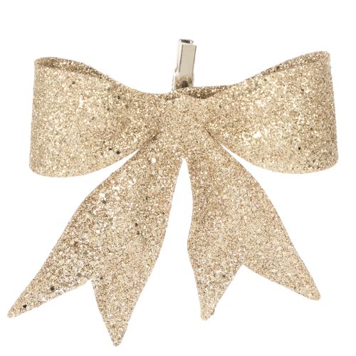 Glitterstrik, decoratieve strik, goudkleurig met clip, 11 cm, 4 stuks