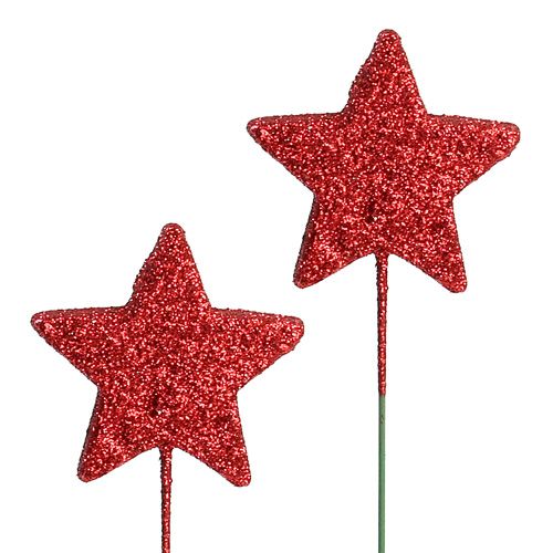 Floristik24 Glitter ster op draad 5cm rood L23cm 48st