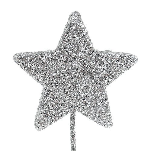 Floristik24 Glitterster zilver 4cm op draad 60st