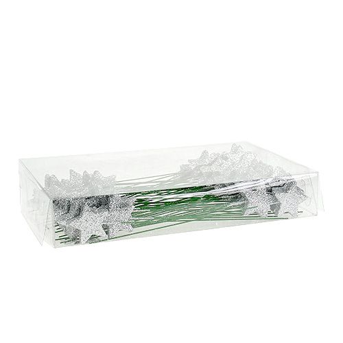 Floristik24 Glitterster zilver 4cm op draad 60st
