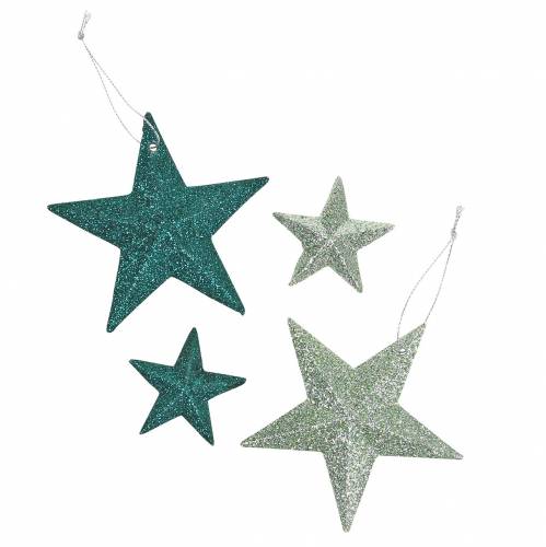 Floristik24 Glittersterrenset decoratieve hangers en strooidecoratie smaragd, lichtgroen 9cm/5cm 18 stuks