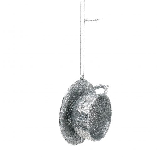 Artikel Glitter beker zilver om op te hangen 8cm 12st