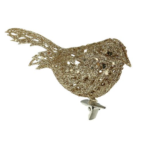 Glitter vogel 8cm goud met clip 6st