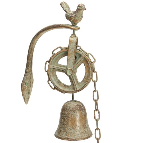 Metalen bel wanddecoratie met houder antiek patina H58cm