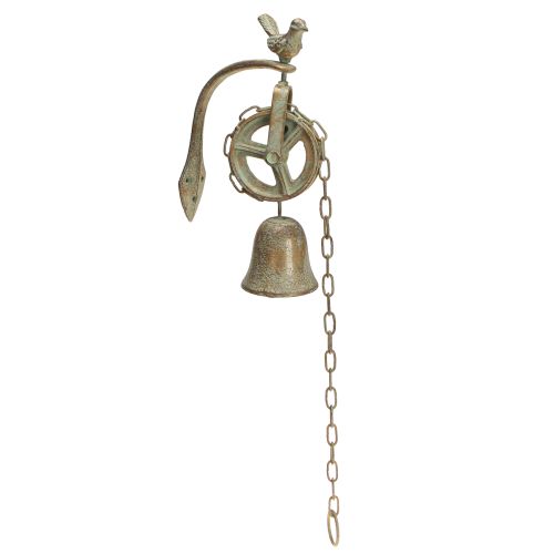 Artikel Metalen bel wanddecoratie met houder antiek patina H58cm