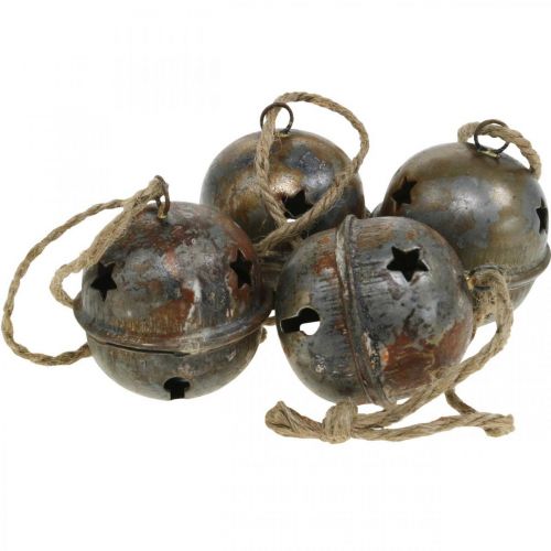 Kerstklokken, bellen met sterren, adventdecoratie metaal antiek look H5,5cm Ø5cm 4st