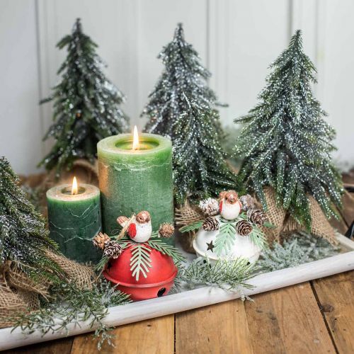 Floristik24 Bellen met roodborstjes, vogeldecoratie, winter, decoratieve kerstklokken wit/rood Ø9cm H10cm set van 2