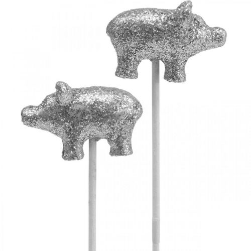 Geluksvarken oudejaars geluksbrenger op stok zilver 3cm 6st