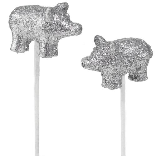 Artikel Geluksvarken oudejaars geluksbrenger op stok zilver 3cm 6st