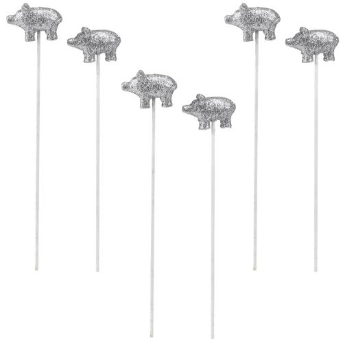Artikel Geluksvarken oudejaars geluksbrenger op stok zilver 3cm 6st