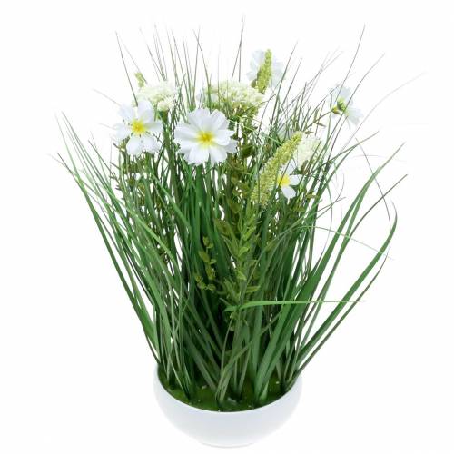 Artikel Decoratief gras met Cosmea bloemen in een schaal H45cm