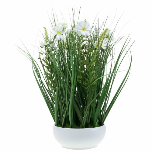 Artikel Decoratief gras met Cosmea bloemen in een schaal H45cm