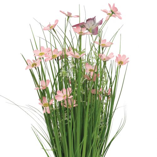 Floristik24 Bos van gras met bloemen en vlinders roze 70cm
