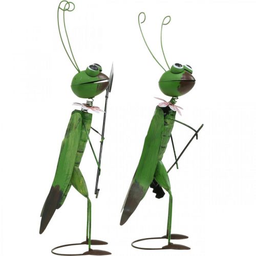 Artikel Sprinkhaan Tuinbeeldje Metalen Decoratie Krekel met Hark en Spade H33cm Set van 2