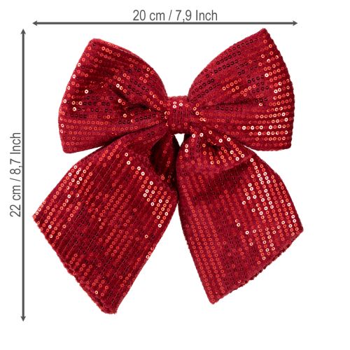 Artikel Grote fluwelen strik met pailletten donkerrood 20×22cm 2 stuks