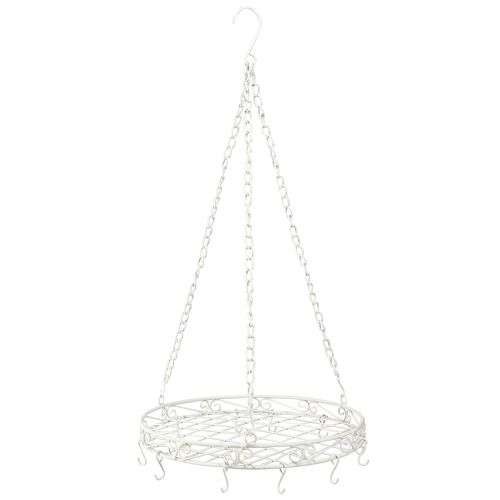 Floristik24 Hangende decoratie metalen dienblad met haken in wit Ø29,5cm H55cm