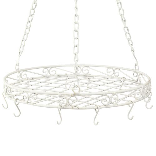 Artikel Hangende decoratie metalen dienblad met haken in wit Ø29,5cm H55cm