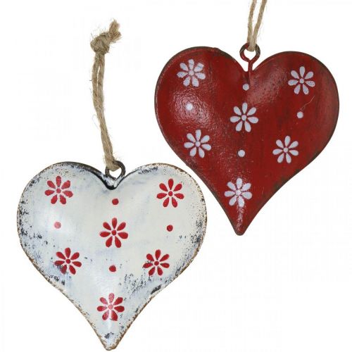 Floristik24 Metalen hart om op te hangen, cadeaulabel, Valentijnsdag, vintage look rood, wit H6cm 6st