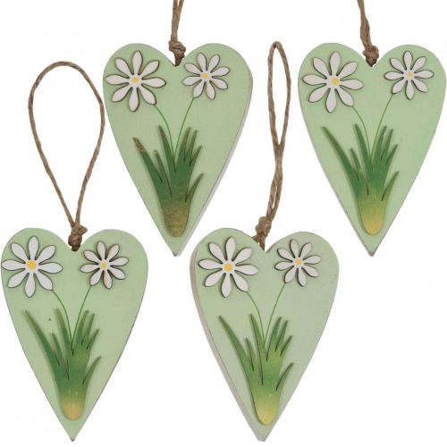 Artikel Decoratieve harten om op te hangen met bloemen hout groen, wit 8.5×12cm 4st