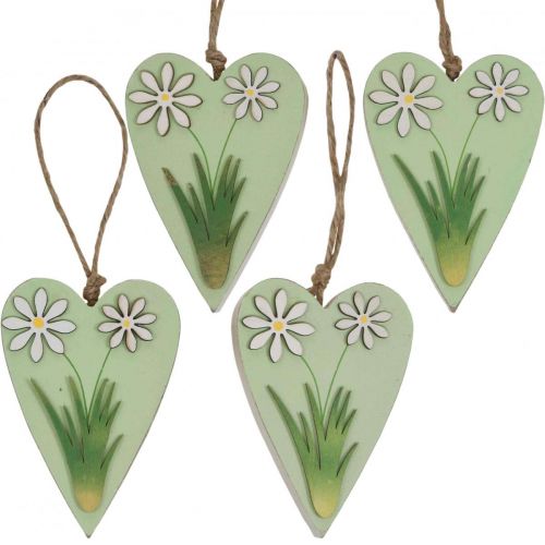 Artikel Decoratieve harten om op te hangen met bloemen hout groen, wit 8,5×12cm 4 st