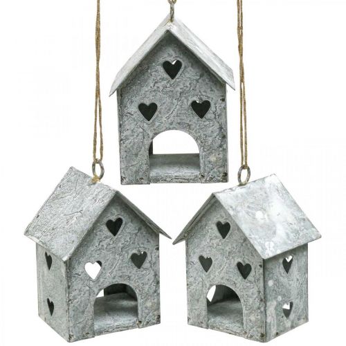 Artikel Kerstwagen metalen huis Shabby Chic H9.5cm 3st