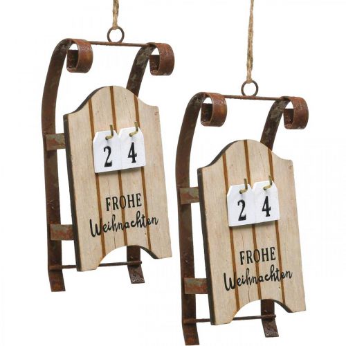 Decoratieve slee houten kalender Advent roest L14,5cm 2 stuks