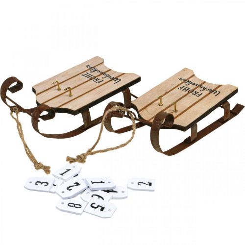 Artikel Decoratieve slee houten kalender Advent roest L14,5cm 2 stuks