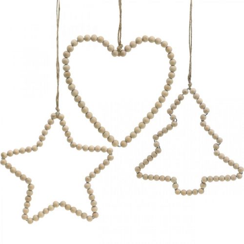 Artikel Decoratieve kerst houten kralen hart sterboom H16cm 3 st