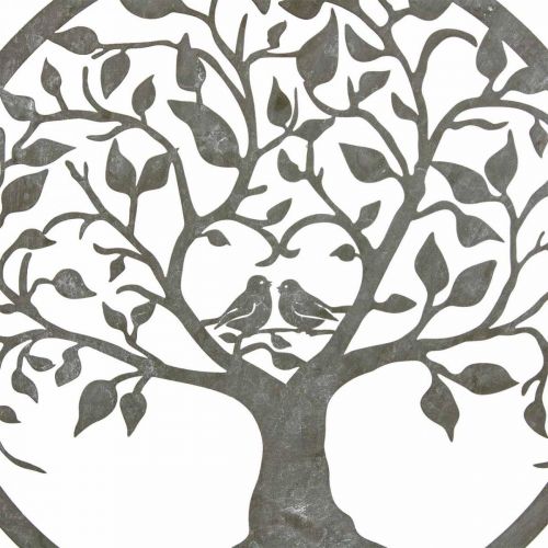 Raamdecoratie veer, hangdecoratie metaal boom grijs Ø25cm 2st
