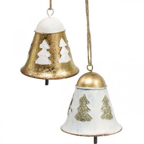 Kerstklokken vintage kerstdecoratie goud wit 2 stuks