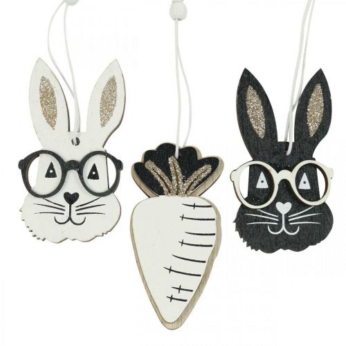 Artikel Houten hanger konijn met bril wortel glitter 4×7,5cm 9st