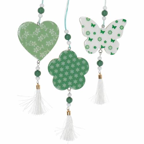 Floristik24 Hangdecoratie hart bloem vlinder wit, groen hout lentedecoratie 6 st