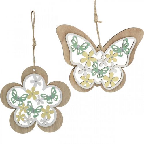Artikel Vlinder om op te hangen, houten hanger bloem, lentedecoratie met glitter H11/14,5cm 4st