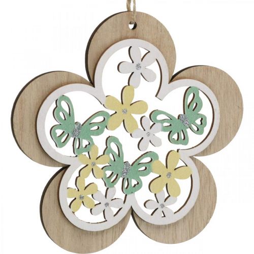 Artikel Vlinder om op te hangen, houten hanger bloem, lentedecoratie met glitter H11/14,5cm 4st