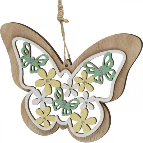 Artikel Vlinder om op te hangen, houten hanger bloem, lentedecoratie met glitter H11/14,5cm 4st
